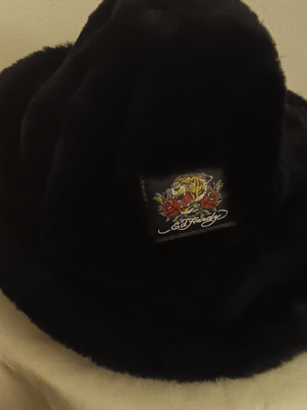 Ed Hardy Black Faux Fur Bucket Hat with Colorful Tiger Patch